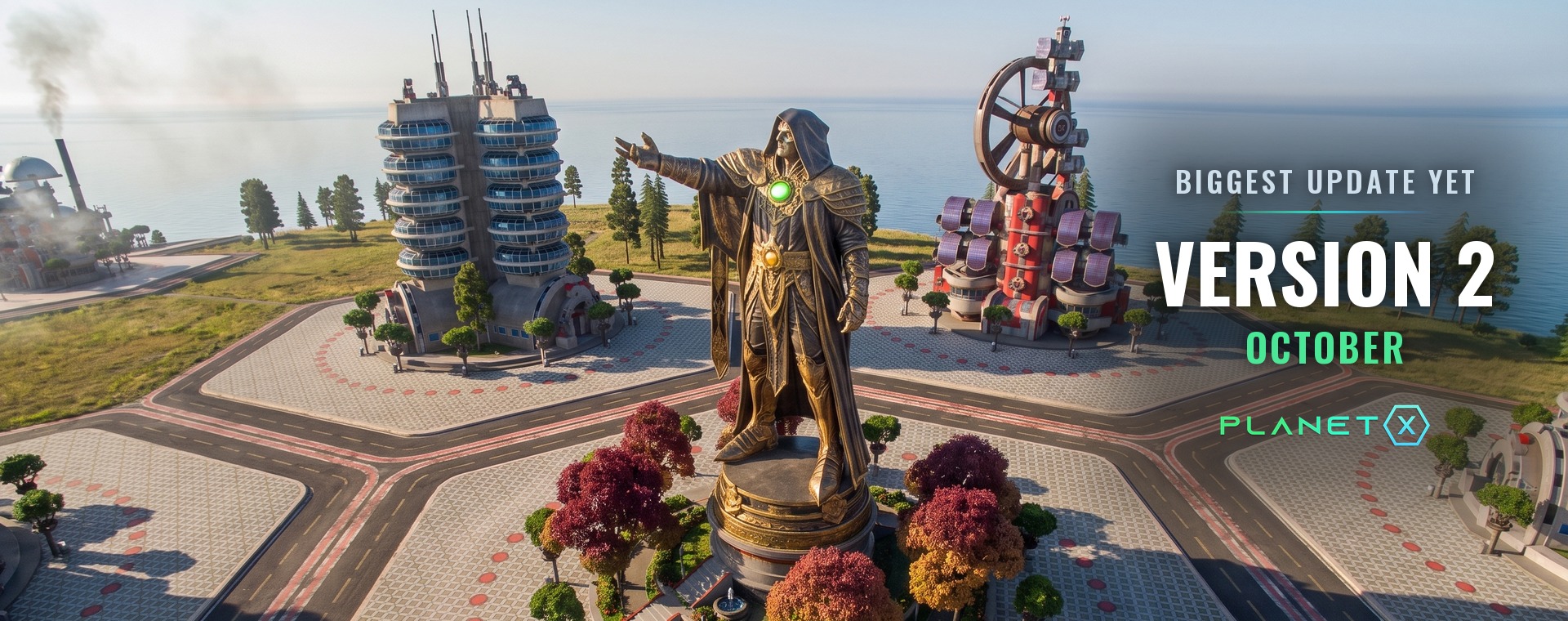 PlanetX version 2: the Emperor's statue in a park, with a bank tower and an arsenal behind it